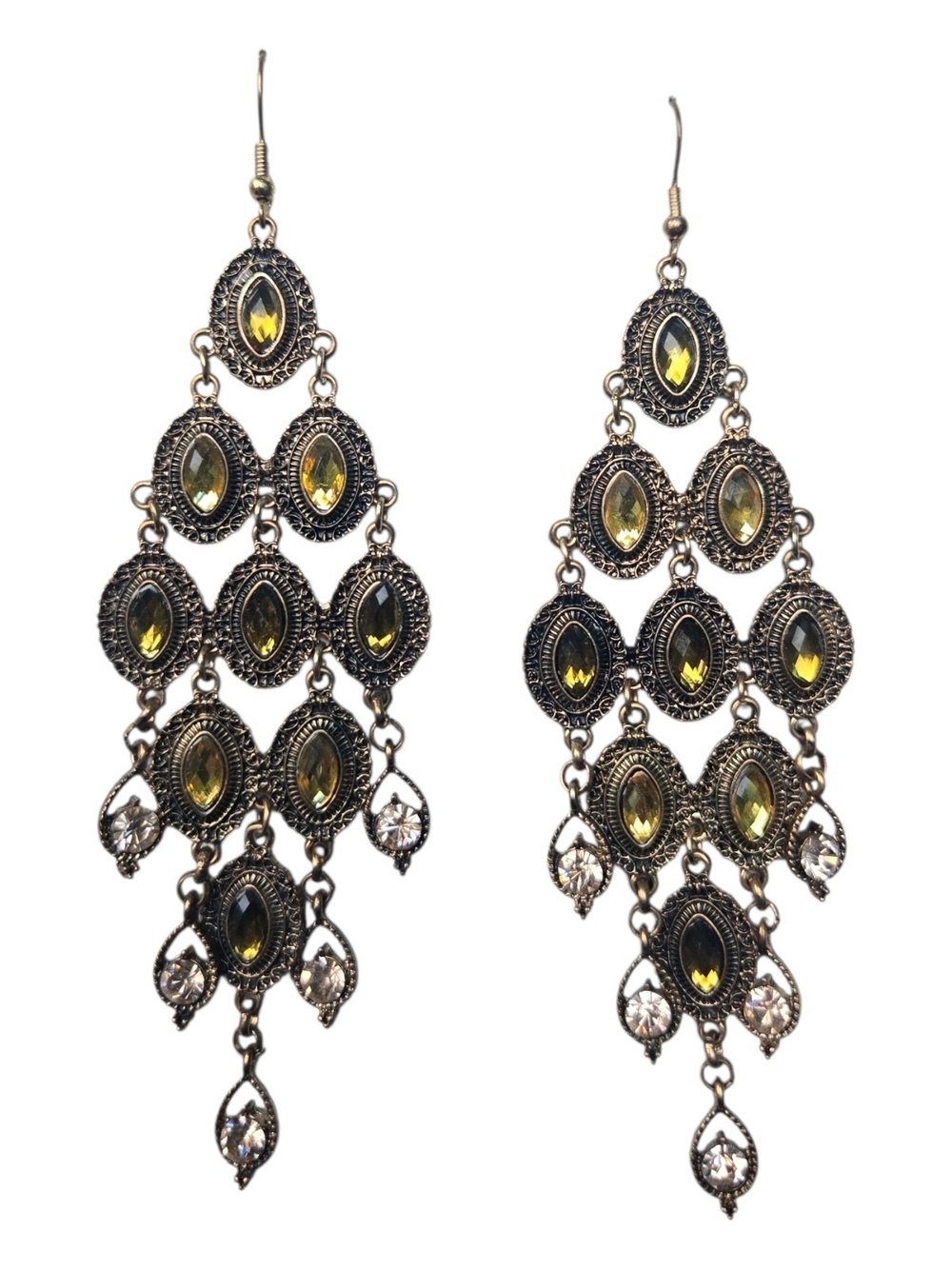 Y2K Olive Rhinestone Gold Tone Chandelier Earrings